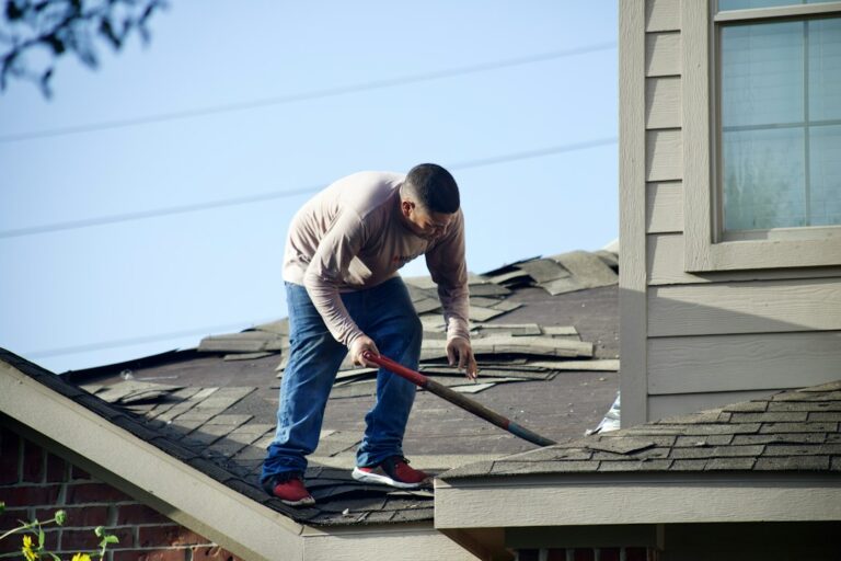 A homeowner observes roof shingles and gutters from the ground while checking for storm damage and seasonal wear.